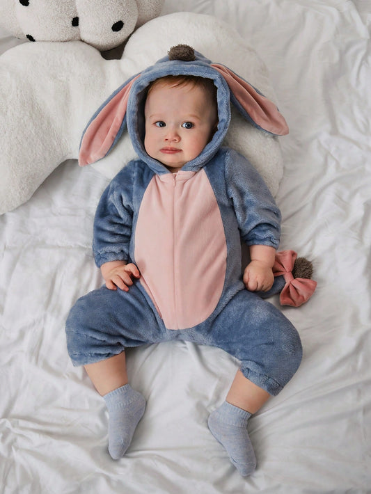 Baby Donkey Hooded Romper – Plush Cartoon Halloween One-Piece with Ears & Zip | Ages Newborn–12M Grey