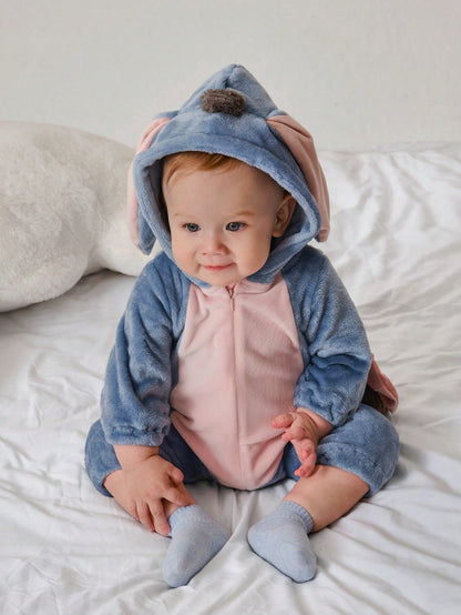 Baby Donkey Hooded Romper – Plush Cartoon Halloween One-Piece with Ears & Zip | Ages Newborn–12M