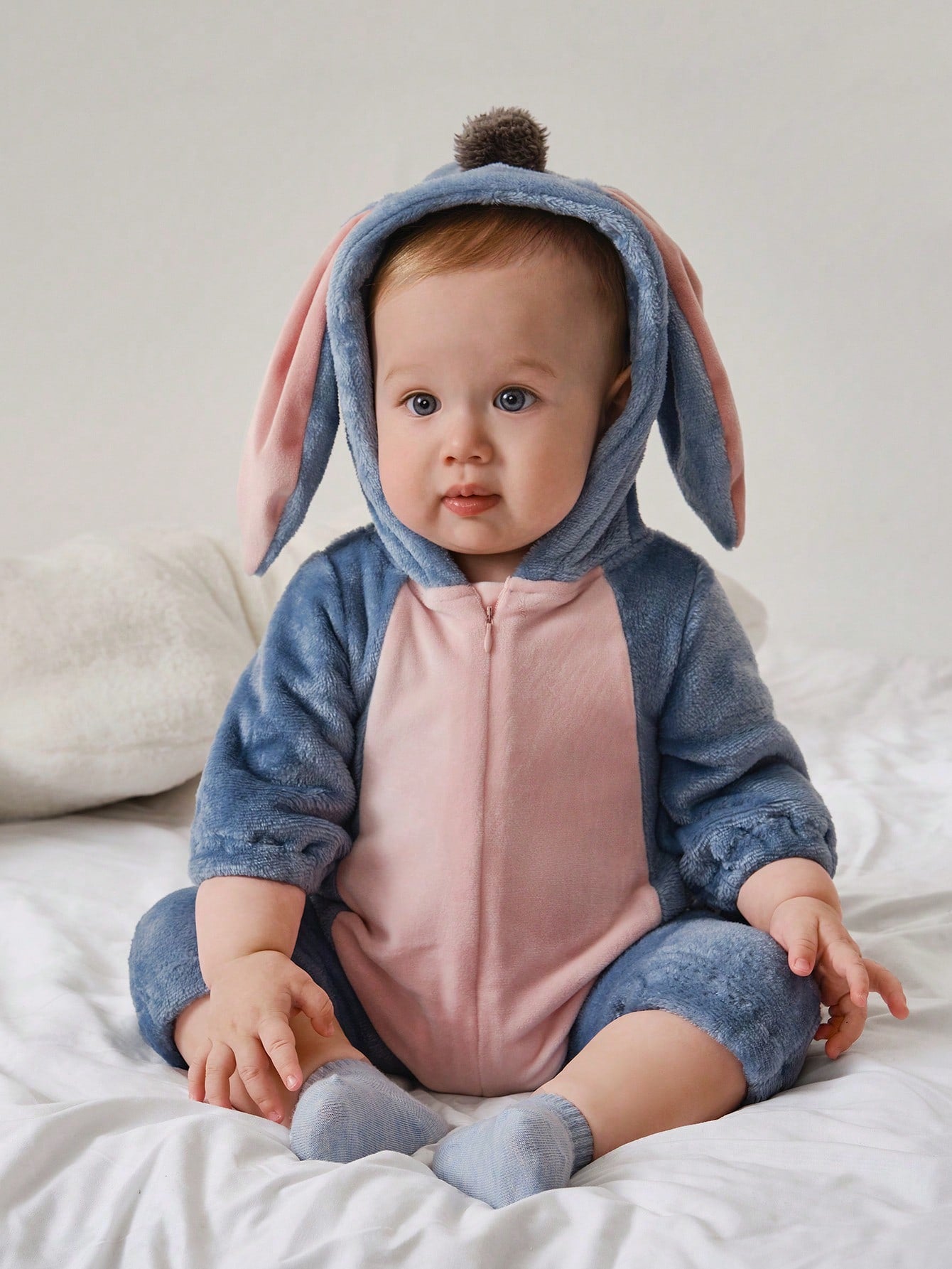 Baby Donkey Hooded Romper – Plush Cartoon Halloween One-Piece with Ears & Zip | Ages Newborn–12M