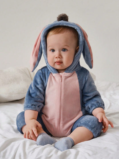 Baby Donkey Hooded Romper – Plush Cartoon Halloween One-Piece with Ears & Zip | Ages Newborn–12M