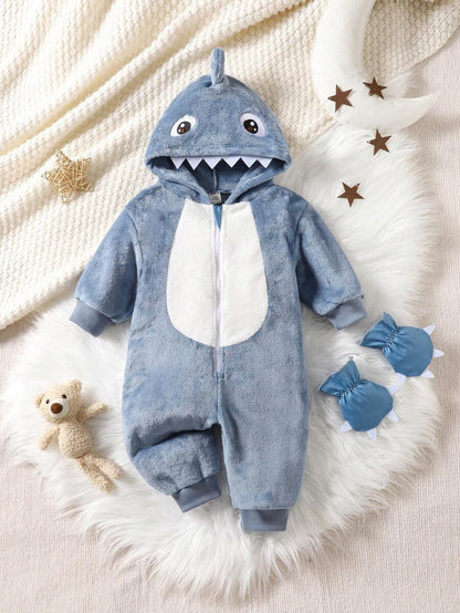 Baby Boys Shark Jumpsuit & Mittens Halloween Costume (Age 6M-3 YRS) Dusty Blue