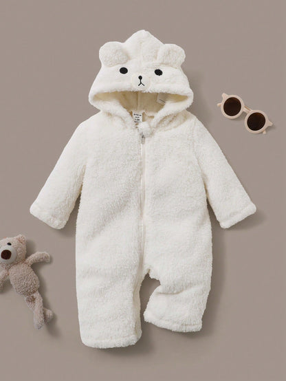 Newborn White Bear Hooded Romper – Plush Zip-Up Costume for Autumn & Winter | Ages 1M–12M