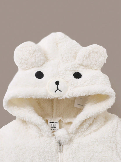 Newborn White Bear Hooded Romper – Plush Zip-Up Costume for Autumn & Winter | Ages 1M–12M