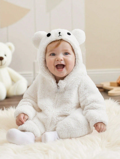 Newborn White Bear Hooded Romper – Plush Zip-Up Costume for Autumn & Winter | Ages 1M–12M White