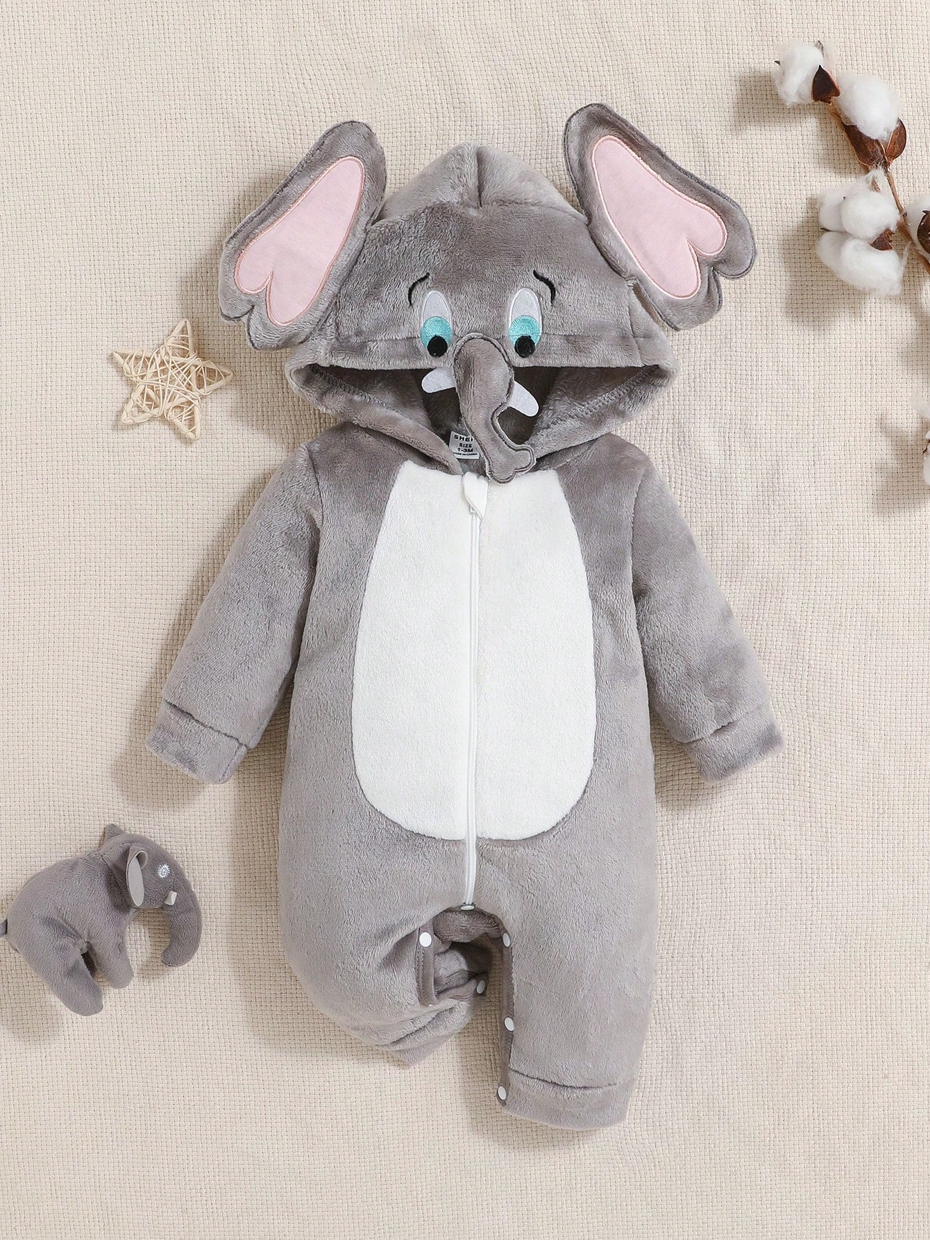 Baby Elephant Costume Romper – Hooded Flannel Jumpsuit with Big Ears & Zipper | Ages Newborn–9M