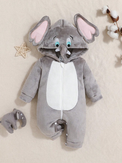 Baby Elephant Costume Romper – Hooded Flannel Jumpsuit with Big Ears & Zipper | Ages Newborn–9M