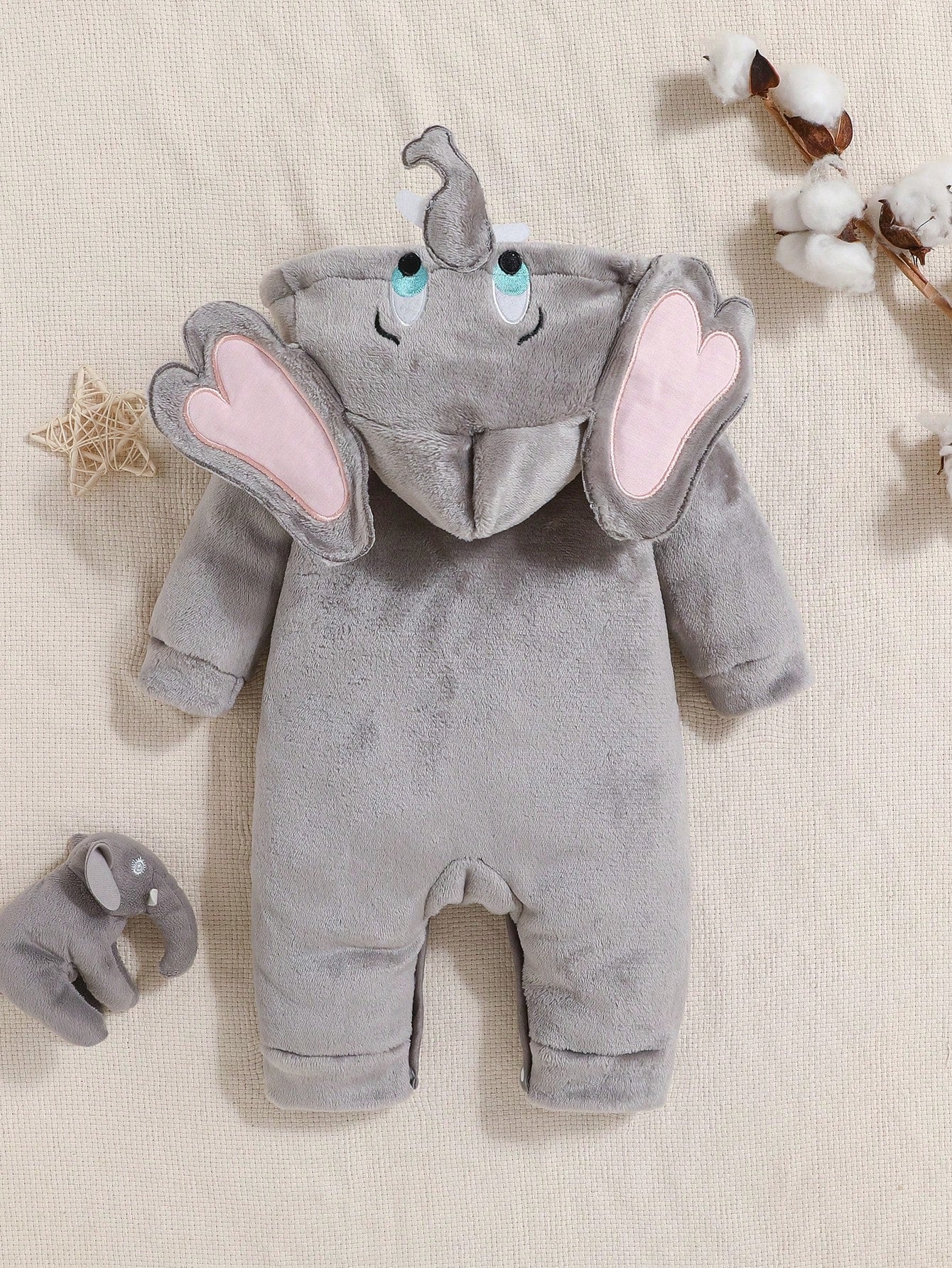 Baby Elephant Costume Romper – Hooded Flannel Jumpsuit with Big Ears & Zipper | Ages Newborn–9M