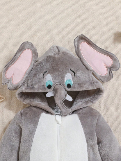 Baby Elephant Costume Romper – Hooded Flannel Jumpsuit with Big Ears & Zipper | Ages Newborn–9M