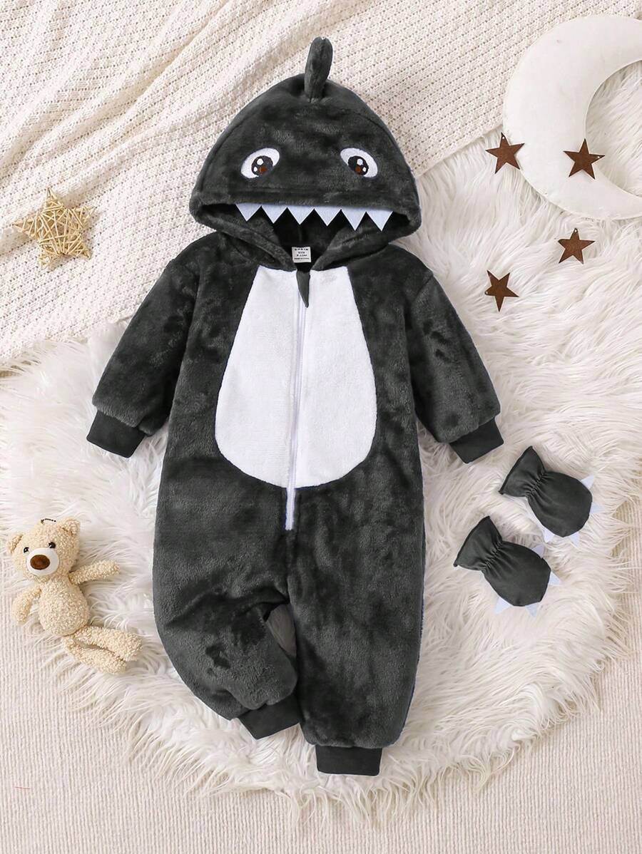 Baby Boys Shark Jumpsuit & Mittens Halloween Costume (Age 6M-3 YRS) Grey