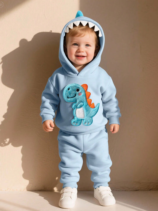 Baby/Toddler Boys Dinosaur Toddler Outfit – 3D Embroidered Furry Hoodie & Pants Set | Age 6m-3 YRS Blue