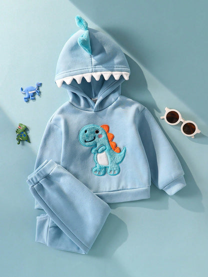 Baby/Toddler Boys Dinosaur Toddler Outfit – 3D Embroidered Furry Hoodie & Pants Set | Age 6m-3 YRS