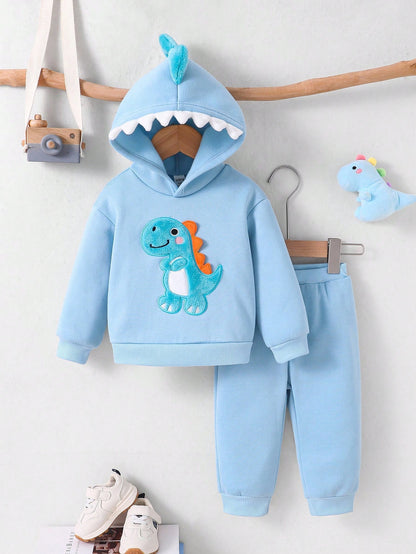 Baby/Toddler Boys Dinosaur Toddler Outfit – 3D Embroidered Furry Hoodie & Pants Set | Age 6m-3 YRS