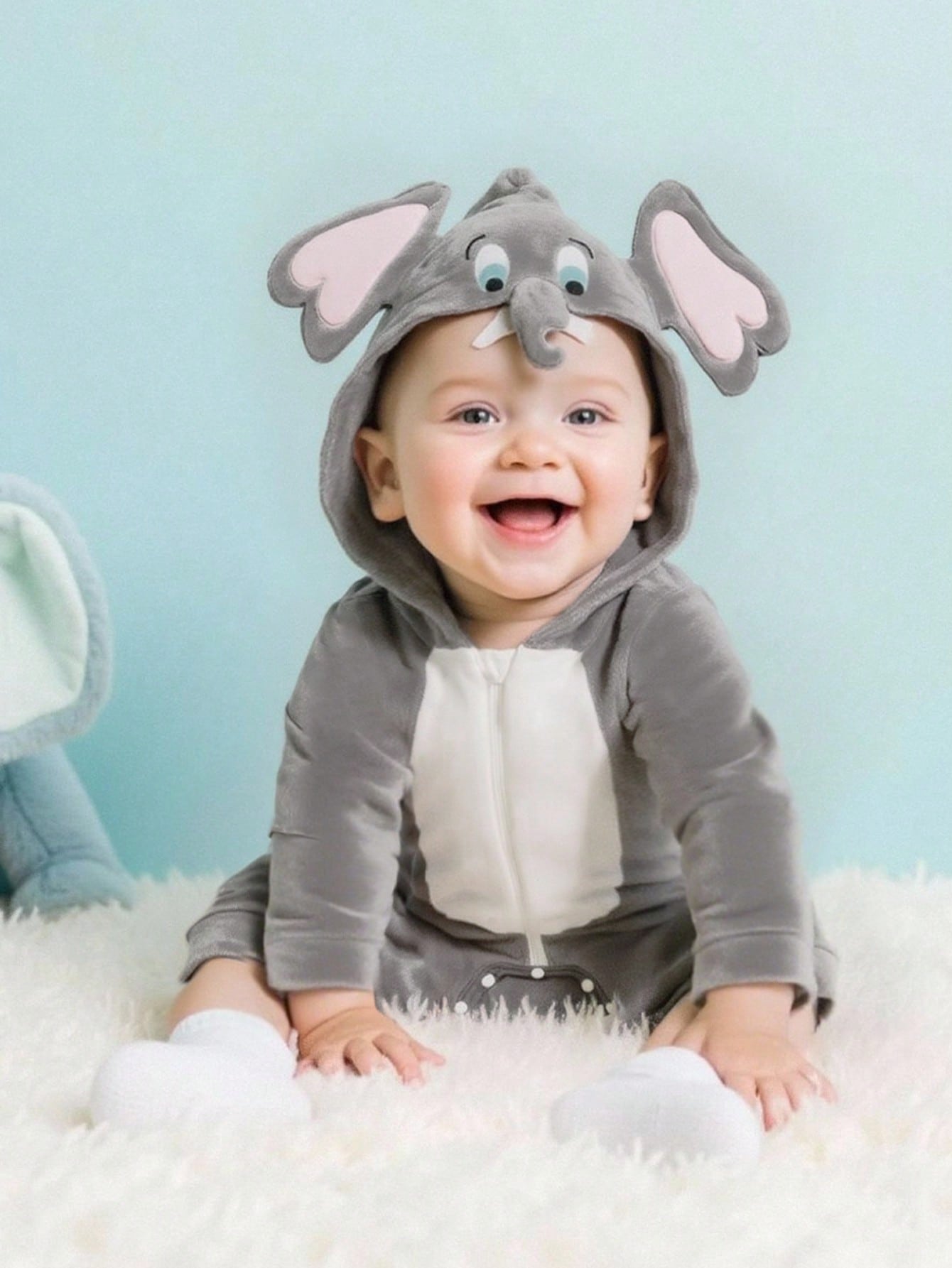 Baby Elephant Costume Romper – Hooded Flannel Jumpsuit with Big Ears & Zipper | Ages Newborn–9M Grey