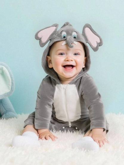 Baby Elephant Costume Romper – Hooded Flannel Jumpsuit with Big Ears & Zipper | Ages Newborn–9M Grey