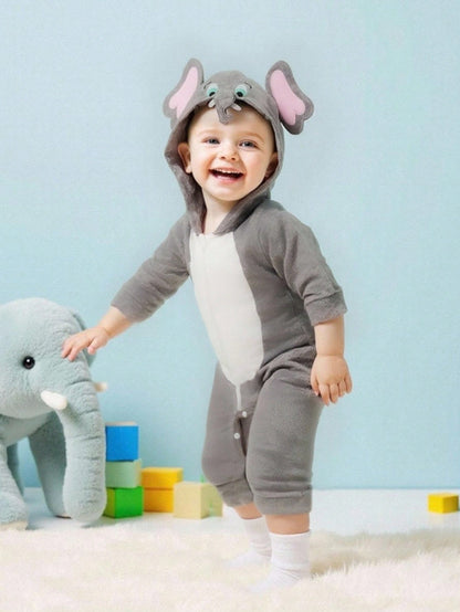 Baby Elephant Costume Romper – Hooded Flannel Jumpsuit with Big Ears & Zipper | Ages Newborn–9M