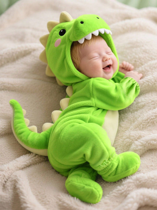 Baby Plush Halloween Dinosaur Hooded Jumpsuit – 3D Costume Edition | Long Sleeve Outfit for Newborn–18M Green