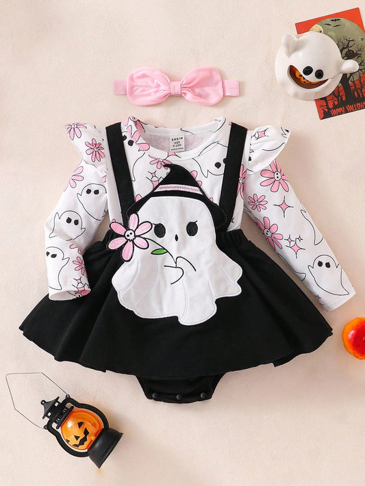 Toddler Girls Halloween Ghost Outfit – 3PC Romper, Dress & Headband Set | Ages 6M–3Y Black