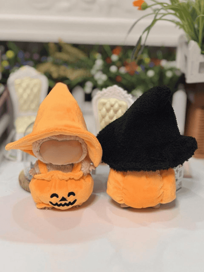 Halloween Pumpkin Doll Outfit – Casual Wizard Hat & Plush Costume for 17cm Labubu Dolls | Clothes Only
