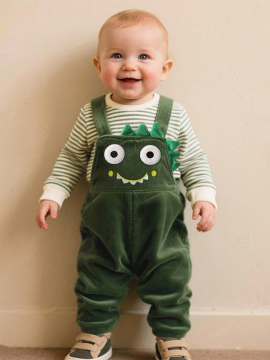 Baby Dinosaur Embroidery Halloween Outfit – 2PC Striped T-Shirt & Corduroy Overalls Set | Ages 6M–24M Green