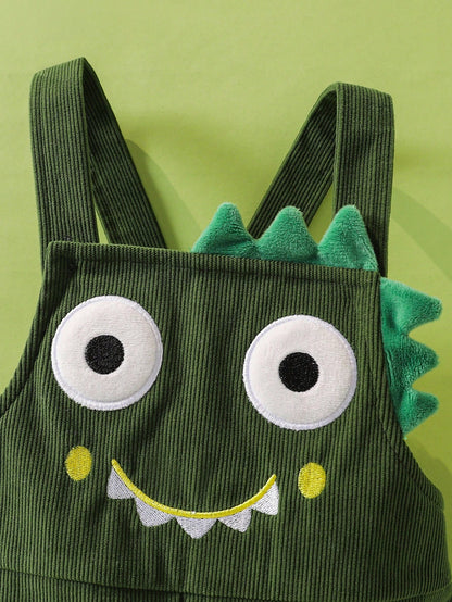 Baby Dinosaur Embroidery Halloween Outfit – 2PC Striped T-Shirt & Corduroy Overalls Set | Ages 6M–24M