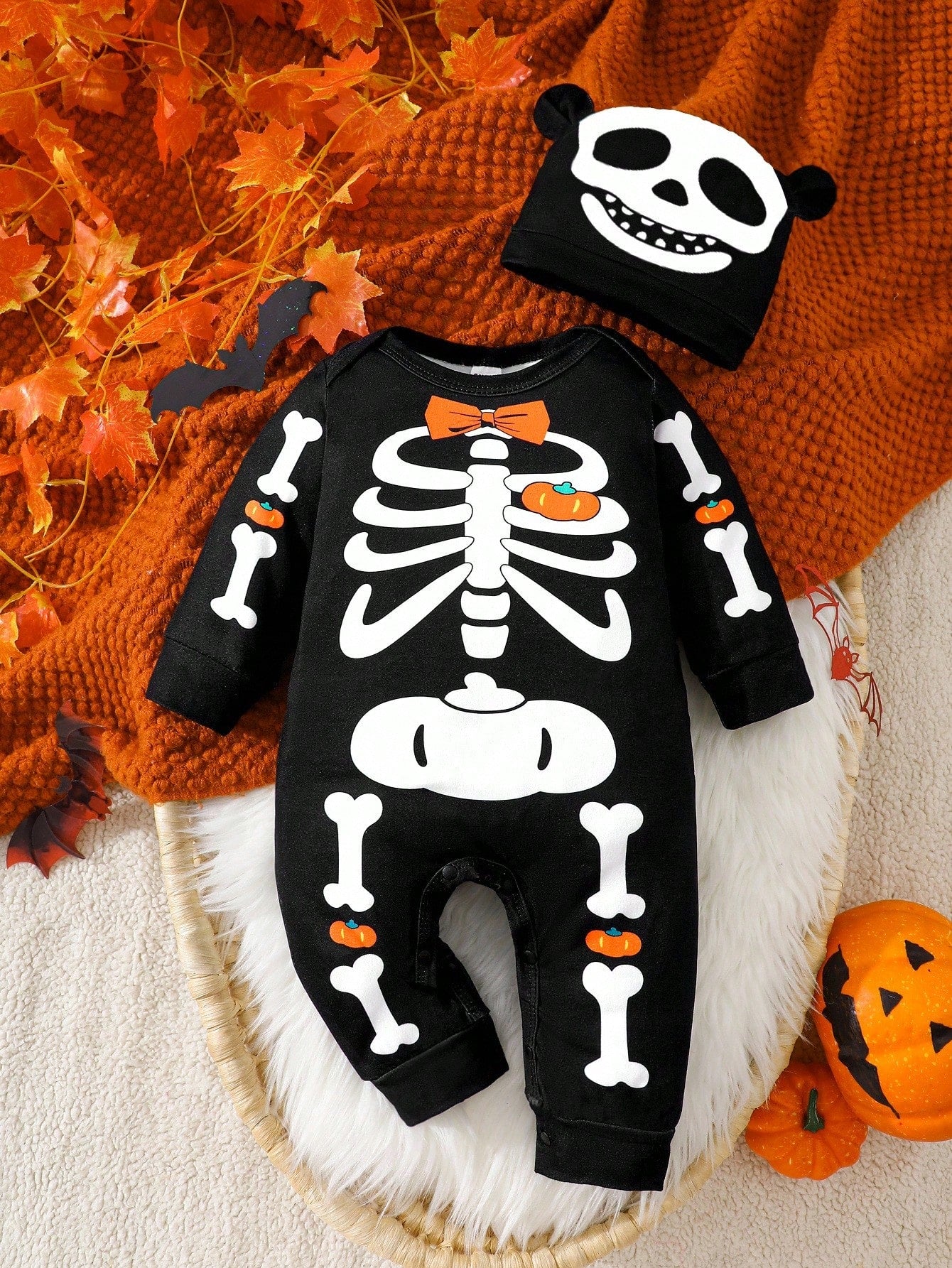 Baby Black Skeleton Halloween Romper & Hat (Age 1M-24M)