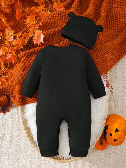 Baby Black Skeleton Halloween Romper & Hat (Age 1M-24M)