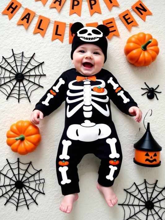 Baby Black Skeleton Halloween Romper & Hat (Age 1M-24M) Black