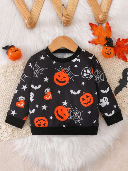 Pumpkin Surprise Halloween Baby/Toddler Sweatshirt – Graphic Print Pullover with Ghost Face & “Trick or Treat” Slogan | Ages 6M–3Y