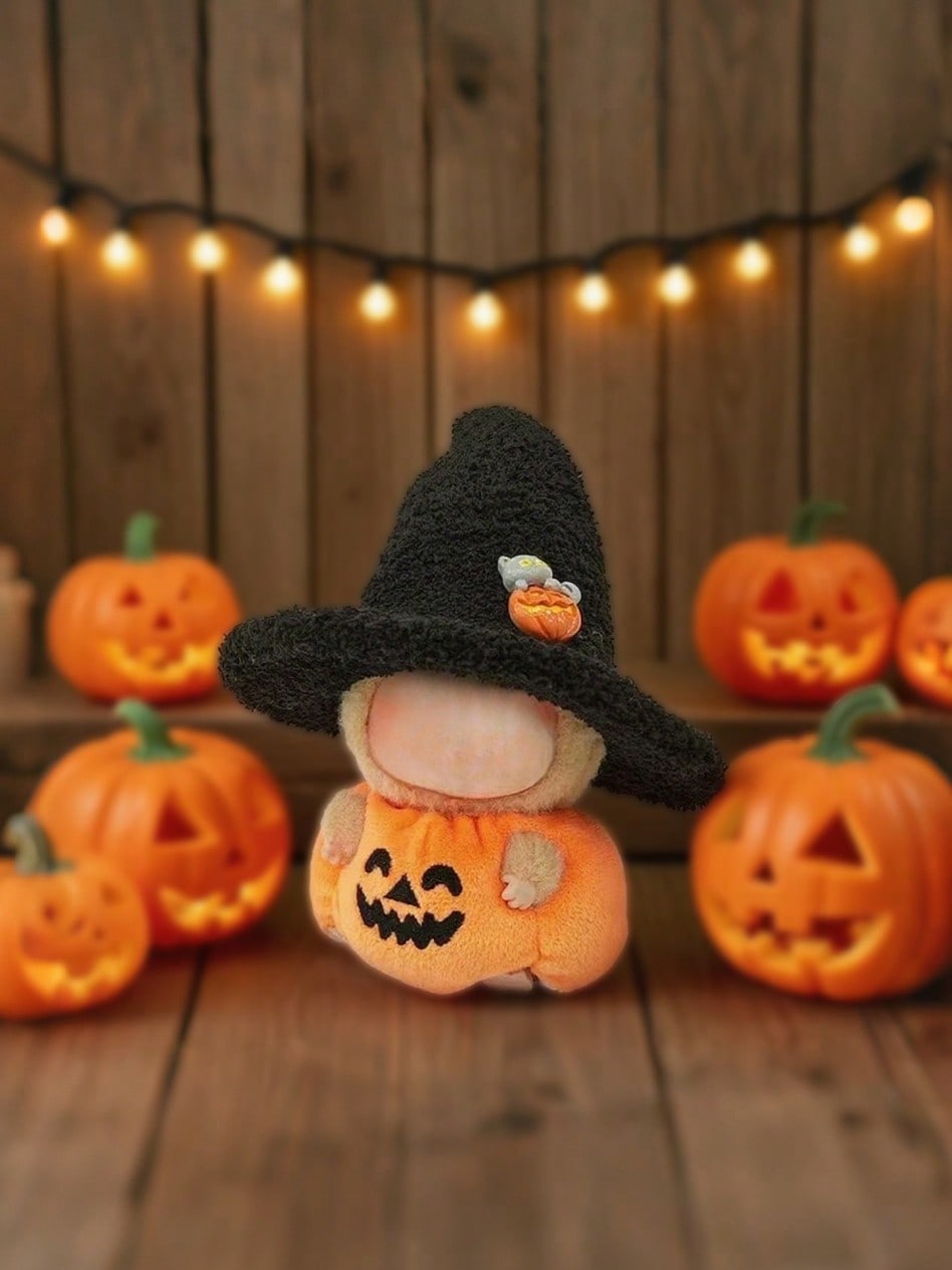 Halloween Pumpkin Doll Outfit – Casual Wizard Hat & Plush Costume for 17cm Labubu Dolls | Clothes Only