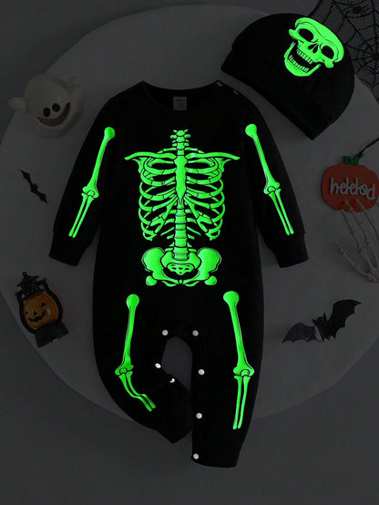 Baby Halloween Glow In The Dark Skeleton Jumpsuit & Hat (Age 3M-24M)