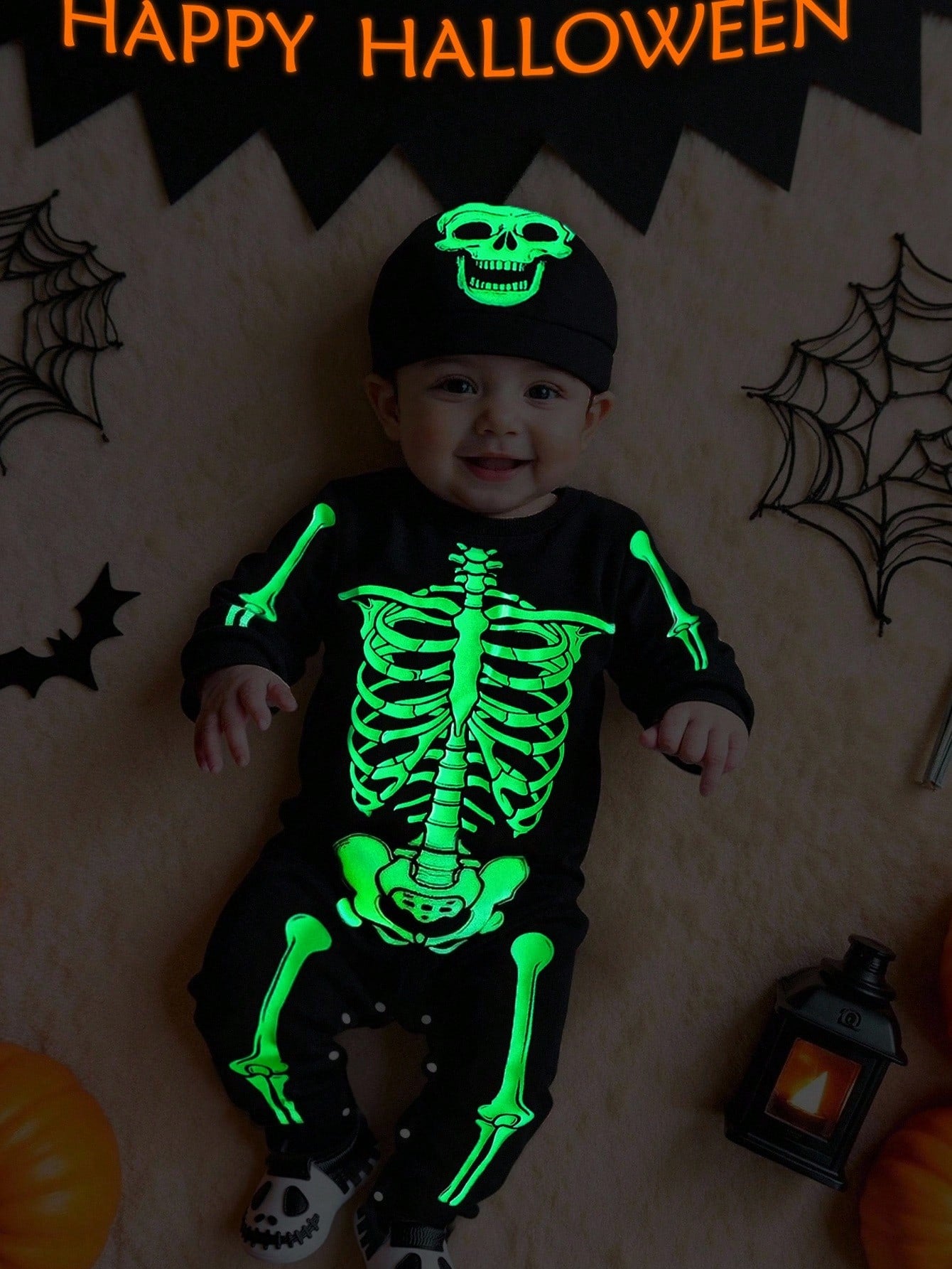 Baby Halloween Glow In The Dark Skeleton Jumpsuit & Hat (Age 3M-24M)
