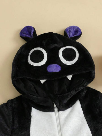 Kids Bat Halloween Costume Jumpsuit – Long Sleeve Hooded Cosplay with Patchwork Wings & Zipper Closure (Age 6M-6 YRS)