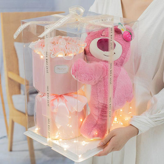 Lotso “Lots‑o’-Huggin’ Bear” Plush Flower Bouquet | Cute Plush Rose Arrangement - Valentines Gift Pink Boxed [Bear 30cm] 6 Pink Roses + Light