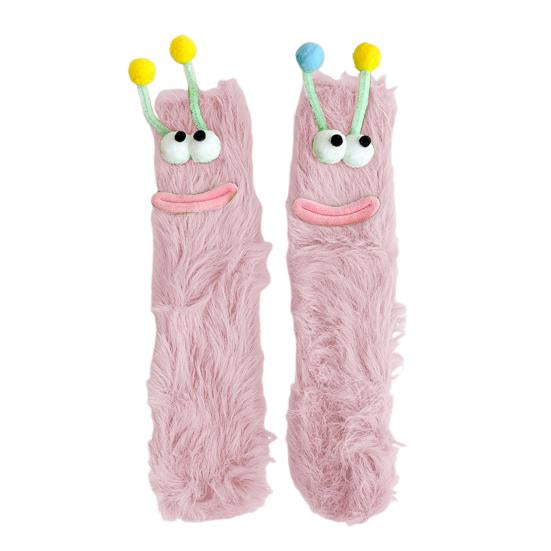 Funny Big-Eye Animal Cartoon Socks – Thick Fuzzy Plush Pink