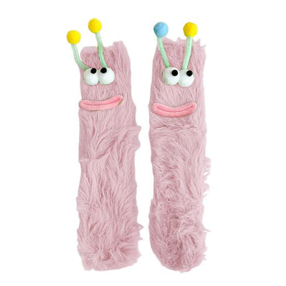 Funny Big-Eye Animal Cartoon Socks – Thick Fuzzy Plush Pink