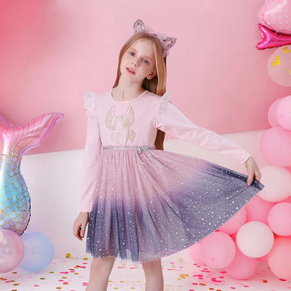 Girls Gradient Long Sleeve Unicorn Dress (Age 3-8YRS) Pink