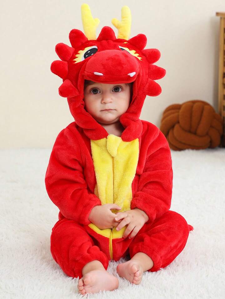 Baby Cartoon Jumpsuit Halloween Costume with Hat – Red Dragon, Lion, Dinosaur & Pink Cutie (Age Newborn-36 Month) Multicolor Red Dragon