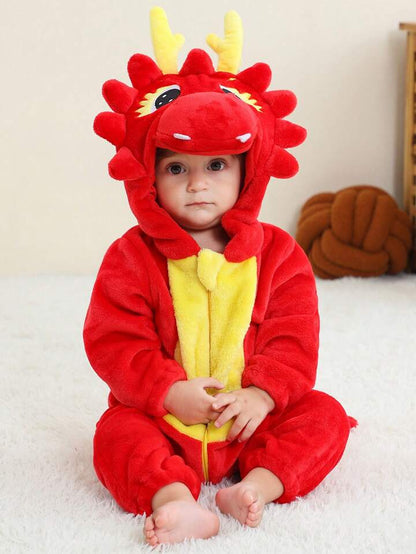Baby Cartoon Jumpsuit Halloween Costume with Hat – Red Dragon, Lion, Dinosaur & Pink Cutie (Age Newborn-36 Month) Multicolor Red Dragon