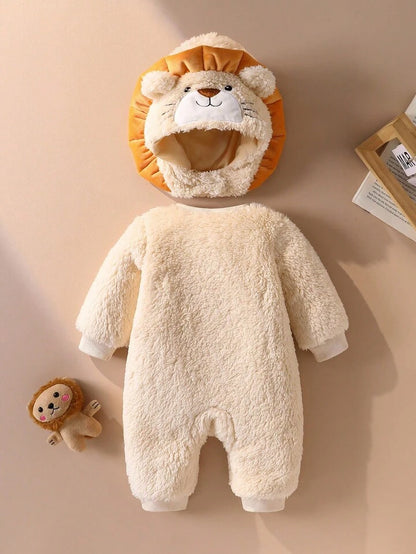 Baby Plush Lion Halloween Costume Outfit – Hooded Hat & Long-Sleeve Jumpsuit (Age Newborn-9M)