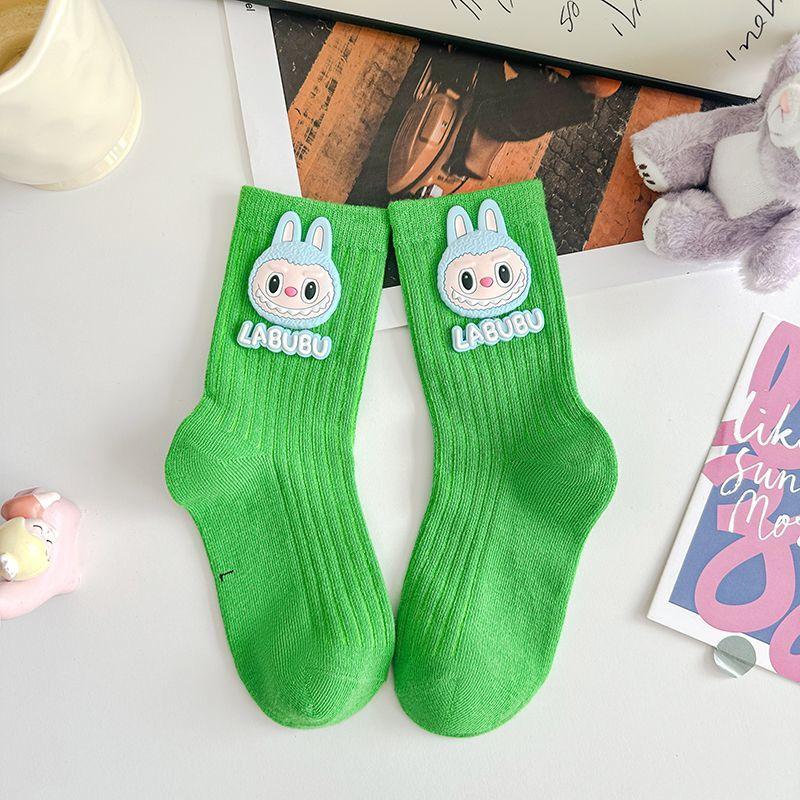 Labubu Cotton Mid-Calf Kids Socks – Soft Character Socks Green