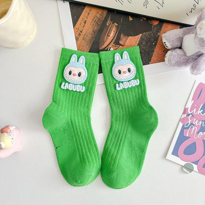Labubu Cotton Mid-Calf Kids Socks – Soft Character Socks Green