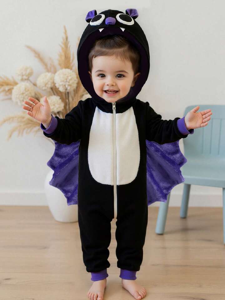 Kids Bat Halloween Costume Jumpsuit – Long Sleeve Hooded Cosplay with Patchwork Wings & Zipper Closure (Age 6M-6 YRS) Purple