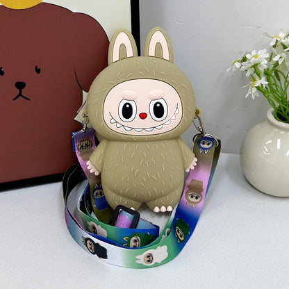Labubu Macaron Mini Messenger Bag – Soft Silicone Coin Purse Brown