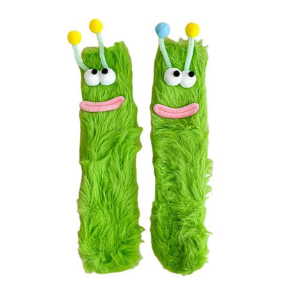 Funny Big-Eye Animal Cartoon Socks – Thick Fuzzy Plush Green