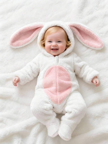 Baby Fleece Hooded Rabbit Romper – 3D Bunny Ears | Long Sleeve & Pants Set (Age Newborn-24M)