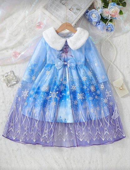 Girls Ice Princess Dress & Cape Set – 2-Piece Snowflake Cosplay Outfit (Age 4-7 YRS)