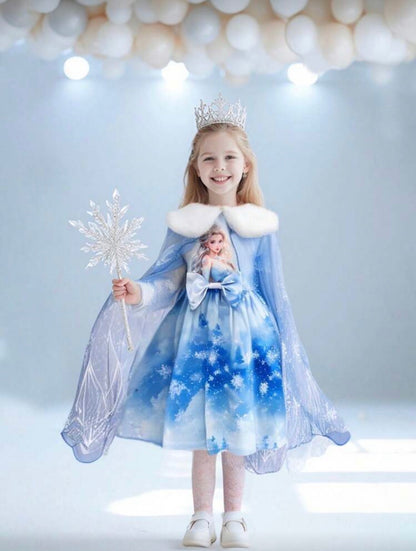 Girls Ice Princess Dress & Cape Set – 2-Piece Snowflake Cosplay Outfit (Age 4-7 YRS)