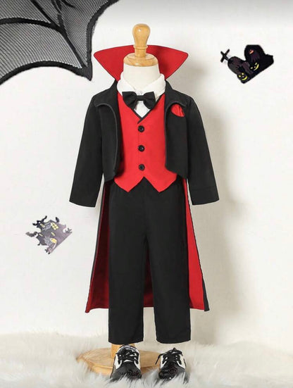 Baby/Toddler Vampire Costume – 3-Piece Halloween Outfit with Red Vest, Black Trousers & Cloak Jacket | Prince of Darkness Party Wear (6M–3Y)