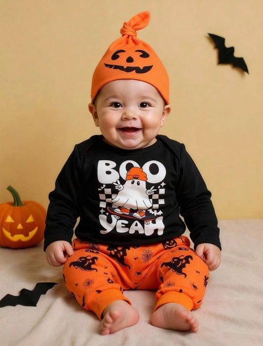 Halloween Baby Outfit Set – 3-Piece Romper, Trousers & Hat | Pumpkin, Bat & Ghost Print | Newborn - 24M Multicolor