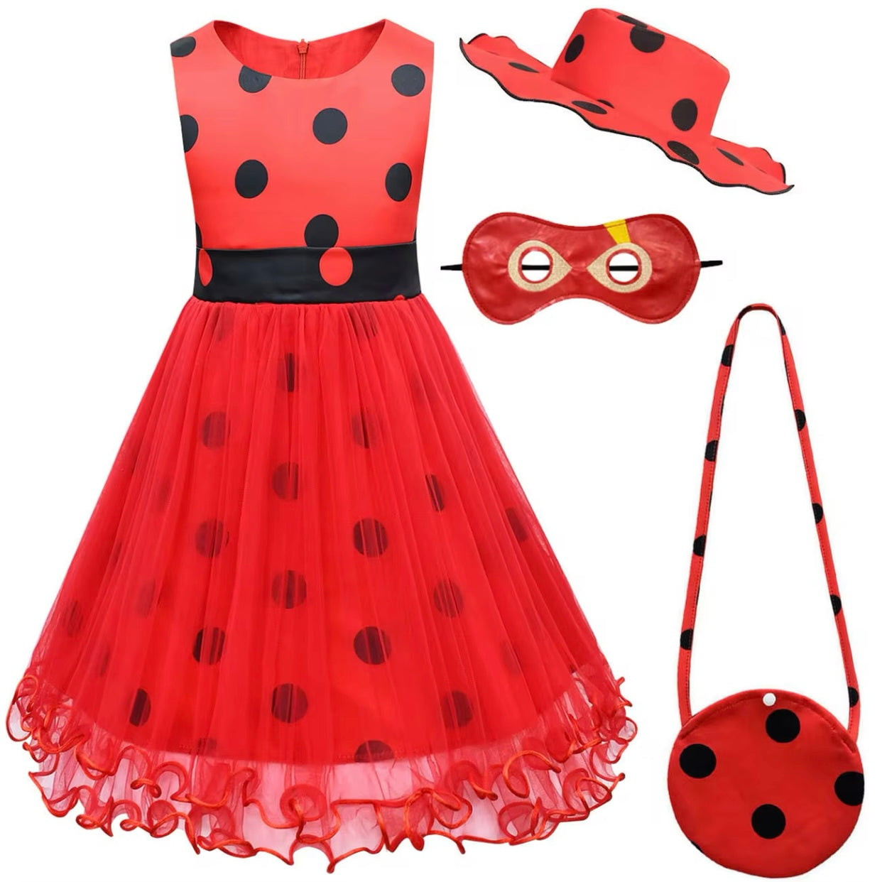 Girls Ladybug Dress Bag & Hat Costume (Age 3-10YRS) Red